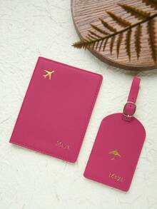 Takeoak 2PCS Custom Name Passport Holder & Luggage Tag Set Customized Gold Monogram Name Faux Leather Passport Cover With A Luggage Tag Customize Hot Stamping Travel Accessories Handmade Document Card Chic Travel Gift Birthday Bridesmaid Gifts For Friends, All-Purpose, Large Capacity, Versatile, Casual, Basics, Custom, Personalized, Unique, Customized - Multicolor - View 21