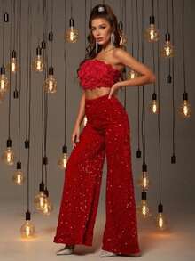 And Fashionable Women's Suit, One Neck Strapless, Applique Technique, Mid Waist Slimming Pants, Solid Color Sequins, Fashionable Casual Wide Leg Pants, Cocktail Party, Party, Christmas, Nightclub, Banquet, Film Festival, Cinema, Dance Party, Cocktail Party, Bar, Wedding, Graduation Ceremony, Back-To-School, Birthday Party, Rebellious Girl, Festival-Themed Party, Outwear, Street Fashion, Fashion Show, Date, Easter, Mother's Day, Going To Work At University, School, Village, Concert, Street Girl, Young Girl, Country Outfits For Women, Best Outwear For Women, Women's Vacation Clothing, Country Concert Outfit, Country Outfits For Women, Streetwear, Concert Outfit For Women, Boho Women's Clothing, Country Concert Outfit, Concert Outfits, Vaquera Outfit, Y2K Clothes, Women's Club Outfits, Y2K Women's Clothes, Women's Clothing, Country Concert Outfit For Women - 紅色 - 查看 4