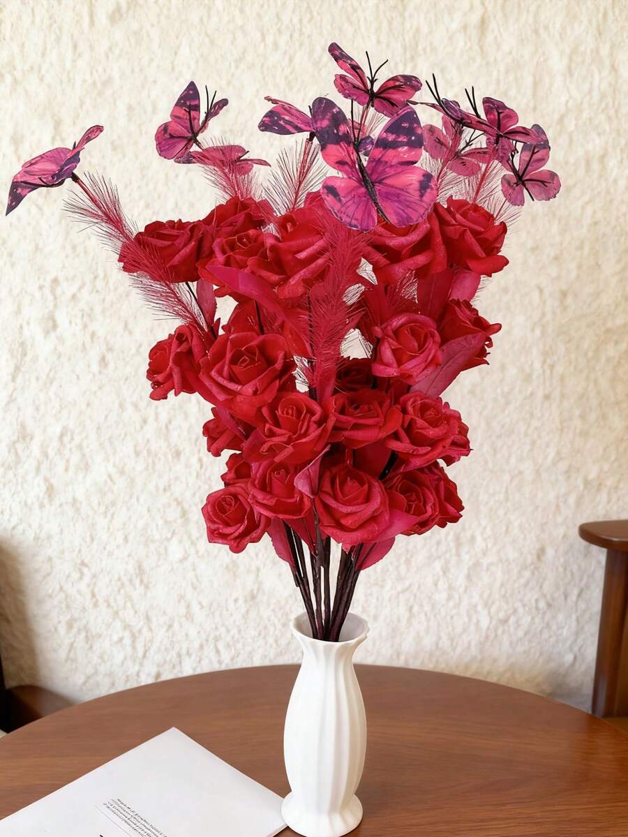 1/3 Stücke magentafarbene Schmetterlings-Rose Künstliche Blumen, geeignet für Heimdekoration, Raumdekoration, Hochzeitsdekoration, Valentinstag, Vasen-Füller Hochzeitstisch-Mittelstücke, Schlafzimmerdekoration, Geschenke für Frauen, Geburtstagsdekorationen