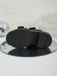 1 Pair Black Plus Size Toddler/Kids High Heel Slide Sandals, Dual Metal Buckle Strap, Solid Color, Slip-On Design, Round Toe, Platform, Fashion & Cute, Suitable For 3-15 Years Old Boys & Girls, Casual, Party, Travel, Spring/Summer - Black - View 9