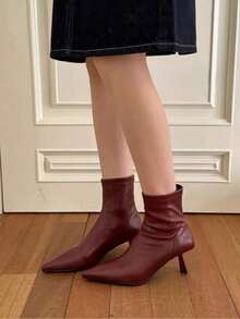 2025新款棕色绒面革尖头细跟踝靴，女鞋，2025秋冬新品，猫跟 - 酒紅色 - 查看 3