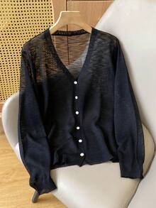 Women's V-Neck Knitted Button Up Cardigan, Loose Casual Summer Short Top, Minimalist & Versatile - Black - View 1