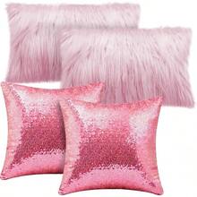 4 Pcs Sequin And Fluffy Pillow Covers Winter Throw Pillow Cases Soft Cushion Cover Couch Bed Sofa (18 X 18 Inch, Pink, White) - 玫瑰金,粉紅色 - 查看 8