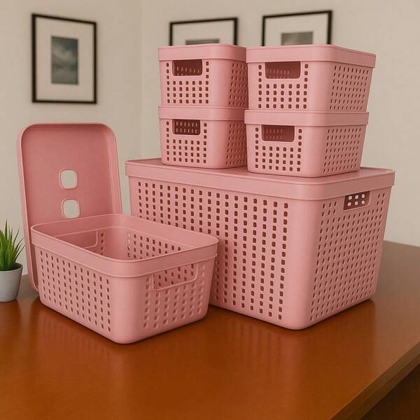 Kit 6 Caixas Organizadoras Com Tampa Cesto Grande Plástico Resistente 2 L 4,5 L 17 L Multiuso