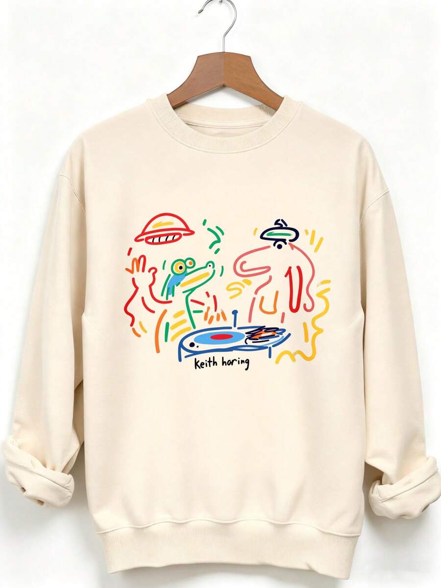 Keith Haring Art Print Crewneck Sweatshirt Unisex Casual Long Sleeve Pullover Top White Halloween Christmas Thanksgiving 280g Round Neck Sweatshirt - 杏色 - 查看 1