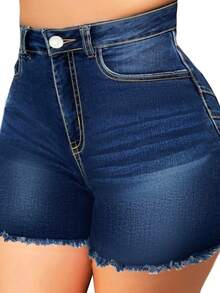 Plus Size Fashionable Street Style Frayed Hem Denim Shorts Summer - Blue - View 2