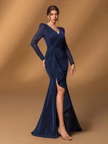 Faeriesty Elegante vestido de novia de cola de sirena con cuello en V, manga larga y volantes para la madre de la novia, para bodas, galas, bailes de graduación, cenas de etiqueta y eventos formales, color negro - Azul Marino - Ver 9