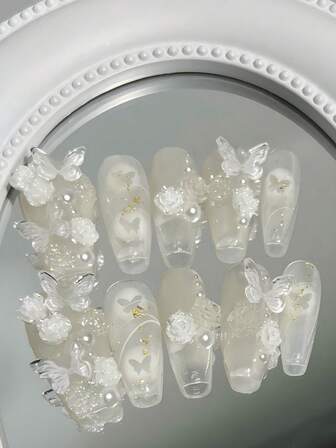 10 Pieces Press-On Long Nails, Four Seasons Nail Art, Fake Nails, French Romantic Nail Art DIY Cloud White Tea Gradient Color Pattern Design White-Dimensional Rose Flowers, White Pearls, Aurora Butterfly Nail Art Accessories Pink Nails Detachable Reusable Nail Supplies, Nail Powder, Nail Glitter Suitable For Girls, Ladies To Use In, Stages, Balls, Parties, With A Piece Of Jelly Glue And A Piece Of Sanding Strip