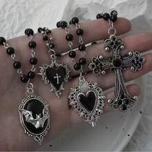 Gothic Bat Cross Dark Pendant Necklace Set, Y2K Personalized Thorn Love Black Bead Stacked Necklace Set, Suitable As Halloween G - Black - View 1