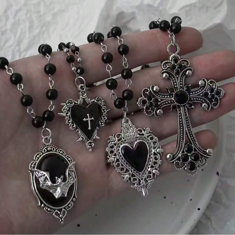 Gothic Bat Cross Dark Pendant Necklace Set, Y2K Personalized Thorn Love Black Bead Stacked Necklace Set, Suitable As Halloween G - Black - View 1
