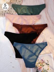 5pcs/Pack Plus Size Women's Sexy Panties, Basic Solid Color Comfortable Knitted Low Waist Soft Thong, Suitable For All Seasons And Daily Wear - Multicolor - View 2