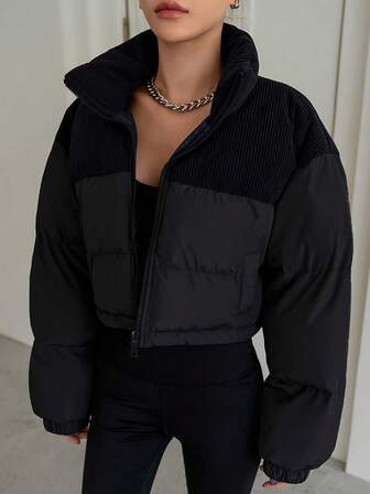 女士短款夹棉大衣，拼色灯芯绒拉链立领，适合秋冬季聚会、约会、日常穿着