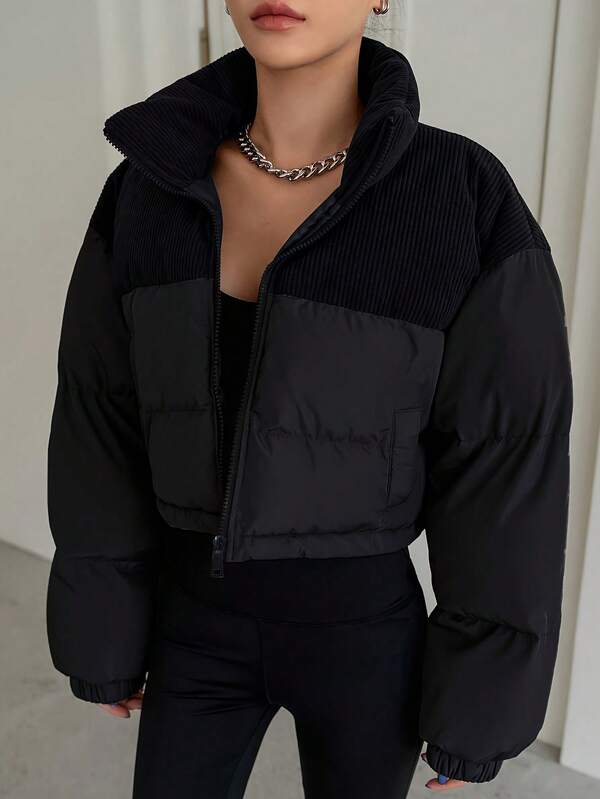 女士短款夹棉大衣，拼色灯芯绒拉链立领，适合秋冬季聚会、约会、日常穿着