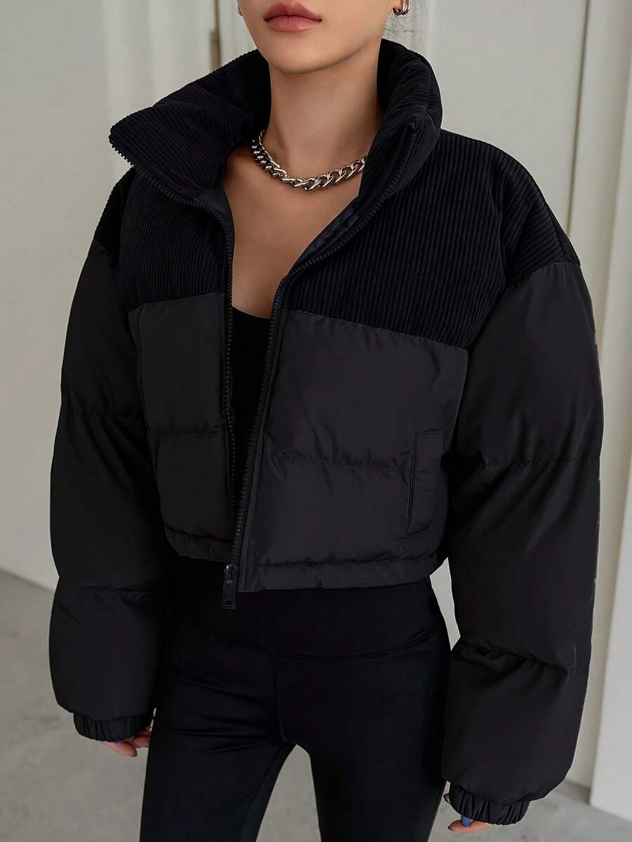 Áo khoác ngắn nữ có lớp lót, phối màu, chất liệu nhung kẻ, khóa kéo, cổ đứng, thích hợp cho tiệc tùng, hẹn hò, mặc hàng ngày vào mùa thu/đông. Màu đen. - màu đen - Xem 1