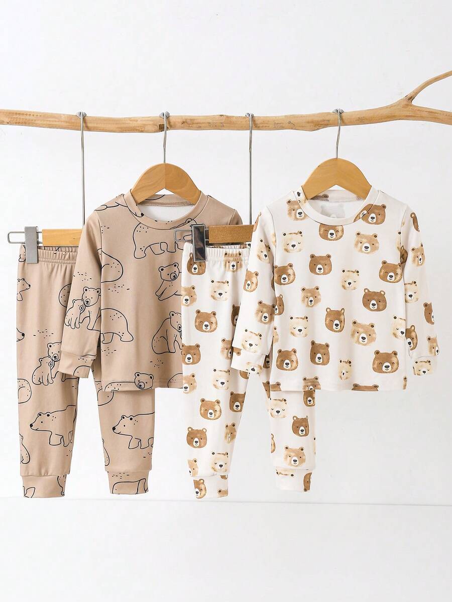 4pcs Baby Boys Spring/Autumn Cute Bear Print Long Sleeve Top & Pants Set, Comfortable Fabric For Daily Wear - Multicolor - View 1