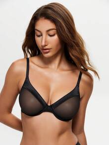 WINGSLOVE Sheer Mesh V-Neck Push-Up Bra - Adjustable & Convertible Cross Back Straps Lightweight Invisible Comfort Daily Wear Black Underwire Bra - Black - View 4