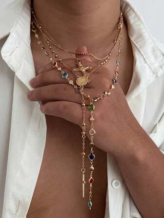 Men's Fashionable Faux Pearl & Copper Cross Layered Necklace, Baroque Style, Suitable For Daily Wear, Party & Gathering