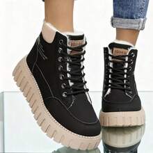 Women's Style, A Must-Have For Autumn And Winter. It Features Black Fleece Splicing, Laces, And A Thick Sole. Comfortable And Non-Abrasive To The Feet, These Short Boots Are A Staple For Street Strolling. Made Of Leather Material, The Thick Sole Makes Walking Effortless. They Are Stylish And Warm Boots, Perfect For Daily Outings Without Any Pressure. - Black - View 4