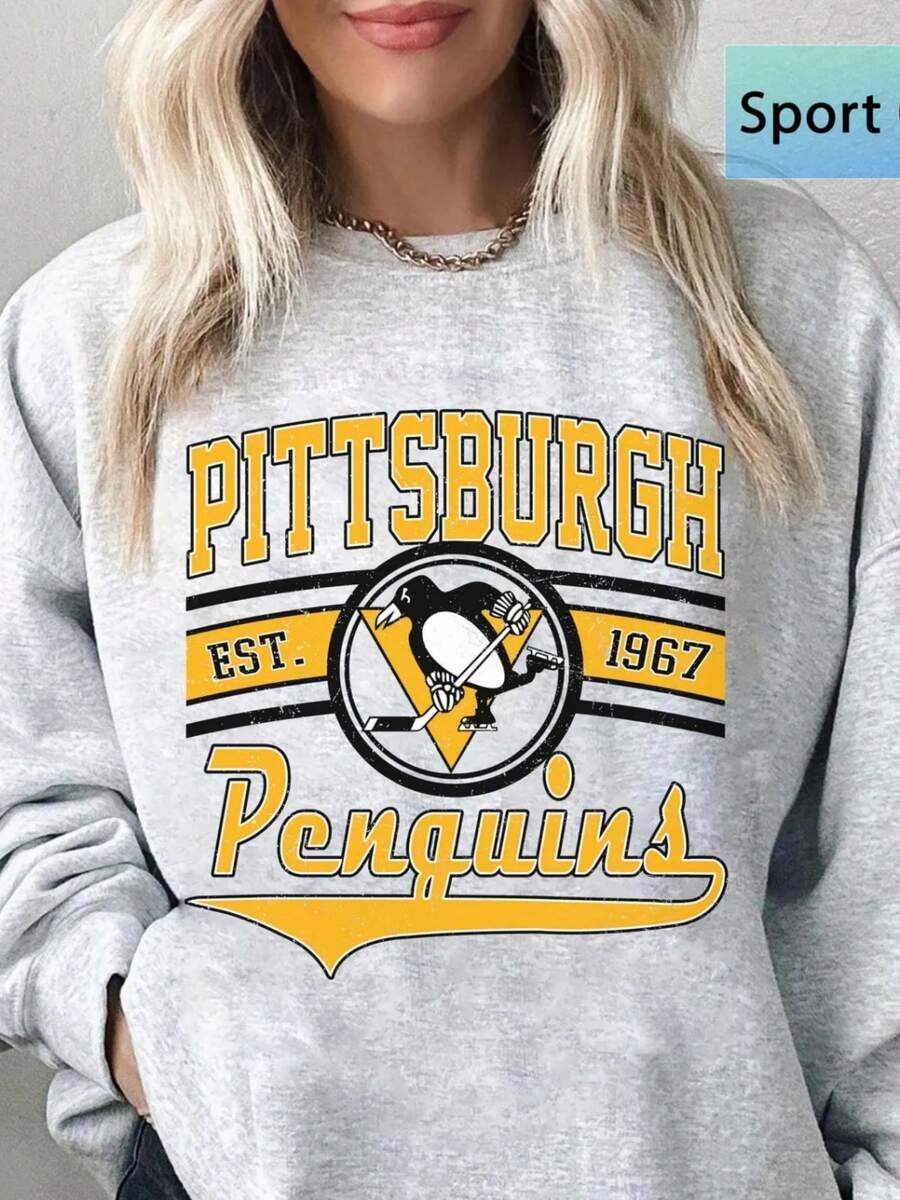 Pittsburgh Penguin Sweatshirt, Vintage Pittsburgh Hockey Shirt, Pittsburgh Hockey Crewneck, Penguins Hockey Sweater, Hockey Fan Gift1 (2) - Xám - Xem 1