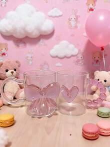 1pc INS Style Bow & Heart Print Glass Cup, Asymmetric Handle Water Mug, Home Afternoon Tea Coffee Cup, Juice Cold Drink Cup, Breakfast Milk Cup, Yogurt Oatmeal Cup, Holiday Gift Cup, Great Gift For Friends And Family, Valentine's Day Gift, Back To School Gift - Multicolor - View 9