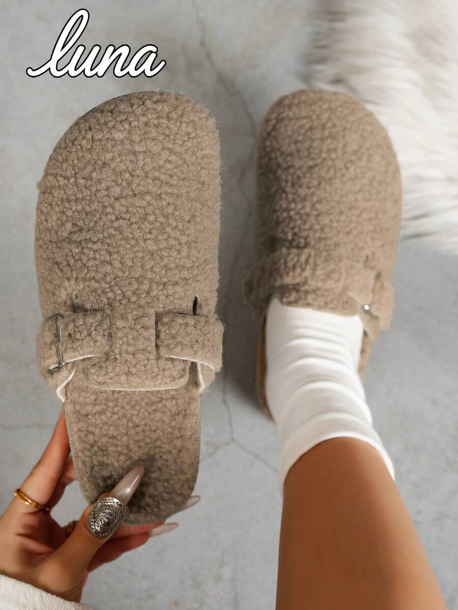 Pantuflas con forro de felpa de moda para mujer, cómodas para interiores/exteriores, adecuadas para vacaciones, ocio, zapatos planos versátiles - lana de cordero marrón - Ver 1