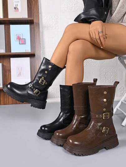 Women's Winter Thick Sole Comfortable Soft Bottom Fashion Slip-On Buckle Versatile Warm Dress Boots, Waterproof And Cold-Resistant