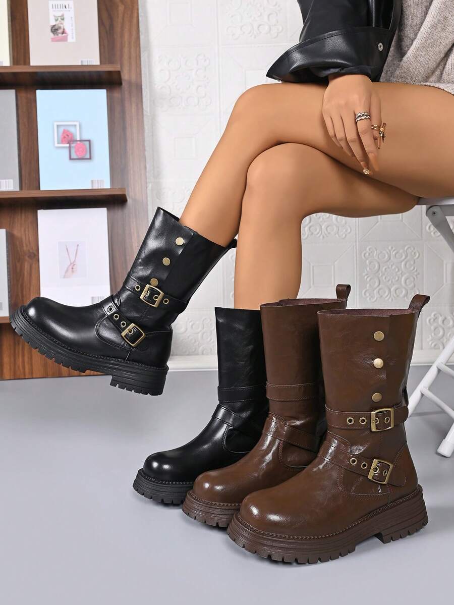 Women's Winter Thick Sole Comfortable Soft Bottom Fashion Slip-On Buckle Versatile Warm Dress Boots, Waterproof And Cold-Resistant - Black - View 1