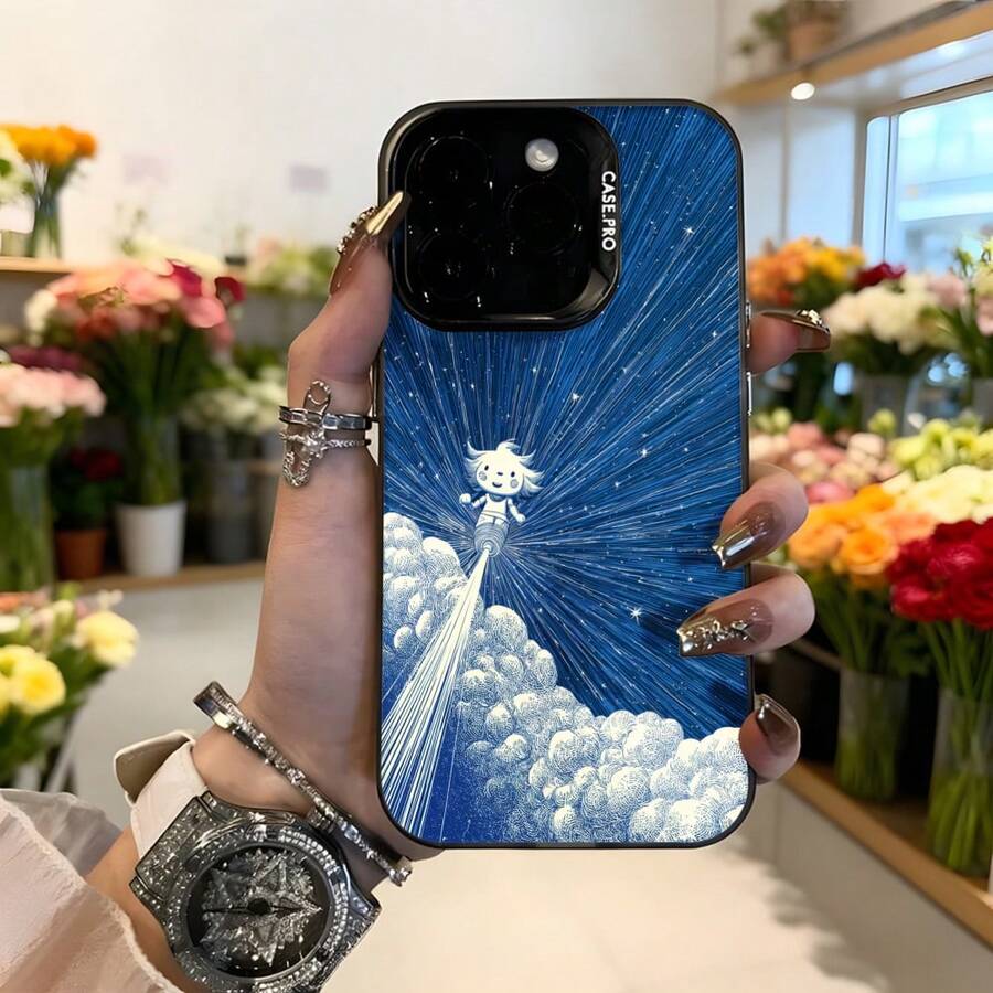 Cubierta de teléfono con diseño de estrellas y nubes azul oscuro con personaje mágico brillante para iPhone ideal para amantes de la fantasía y estilo único Aplicable a los teléfonos de la serie Apple y Galaxy - Negro - Ver 1