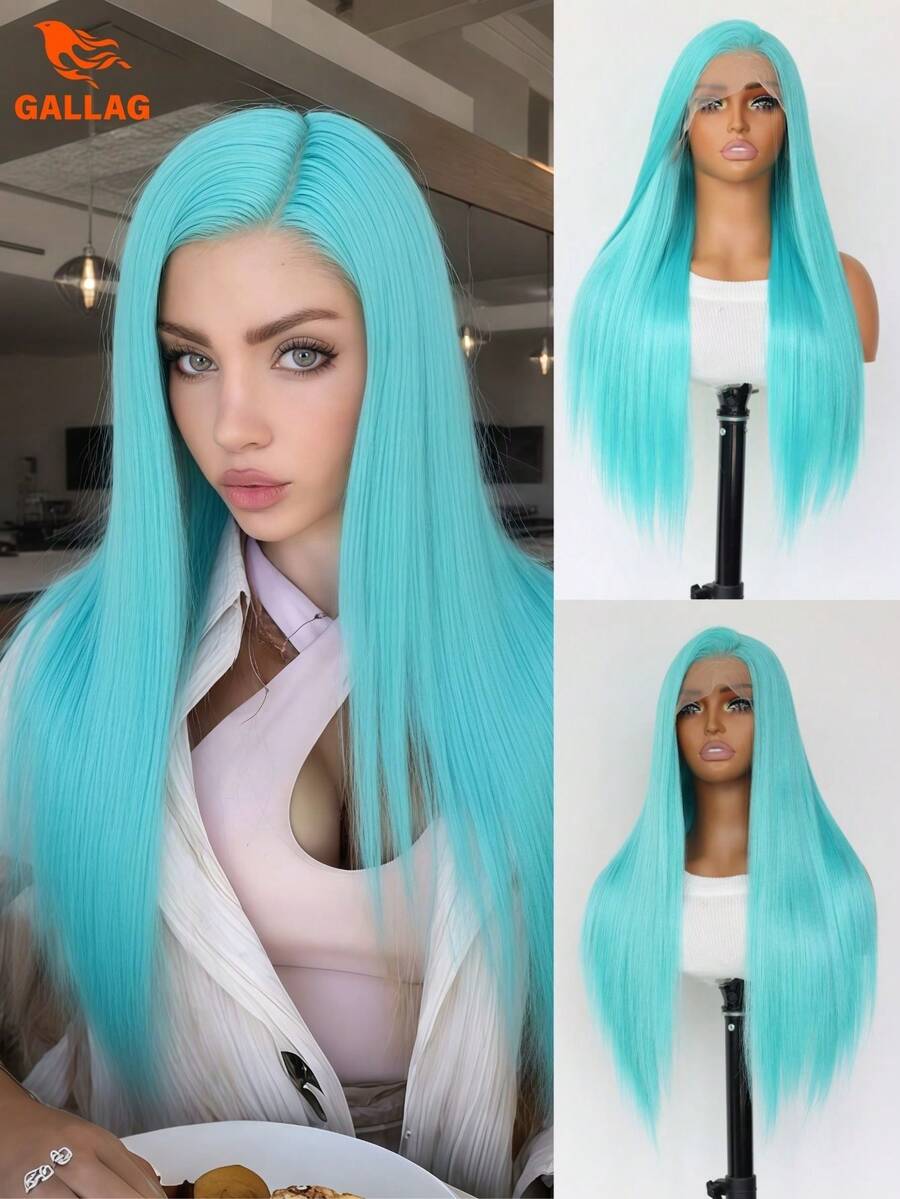 Turquoise Blue Long Straight Lace Front Synthetic Wig, 24 Inch Heat Friendly Hair, 13x4 HD Lace, Pre-Plucked Hairline - 薄荷藍 - 查看 1