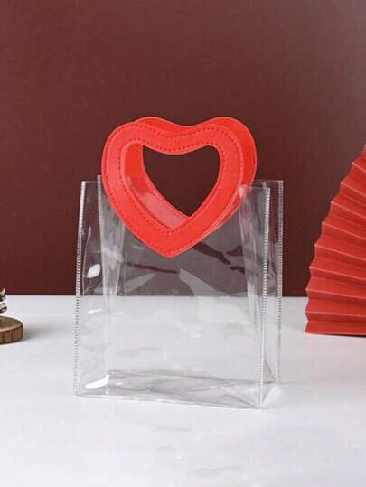 心形防水红色手提袋，透明PVC心形手提包，防水、不易碎，节日礼品袋，适用于化妆品、配饰、珠宝、收纳、纪念品、鲜花包装、礼品袋，便携式提手