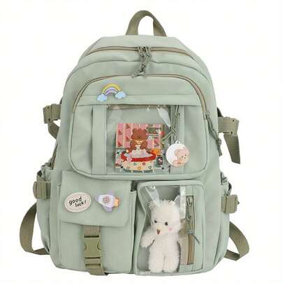 Kawaii Backpack With Pin Accessories Plush Pendant, Cute Aesthetic School Backpack, Women's Large Capacity Laptop Backpack
