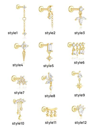 1 đôi khuyên tai bạc 925 dạng đinh tán phẳng dành cho nữ, không gây dị ứng, thích hợp cho xỏ khuyên tai vành tai (tragus), xoắn tai (helix), mạ vàng 18K, trang sức xỏ khuyên vành tai (tragus).
