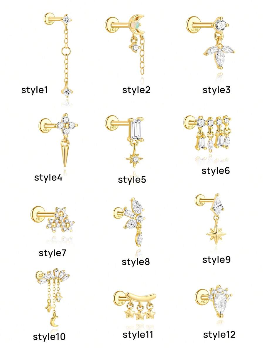 1pc 925 Sterling Silver Flat Back Stud Earrings For Women Hypoallergenic Tragus Helix Cartilage 18K Gold Plated Conch Nose Earring Helix Tragus Piercing Jewelry - Gold - View 1