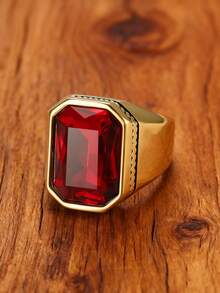 1枚18K镀金奢华复古红色立方氧化锆简约男童戒指，不锈钢首饰，送给好朋友的生日礼物，派对饰品 - 紅色 - 查看 11