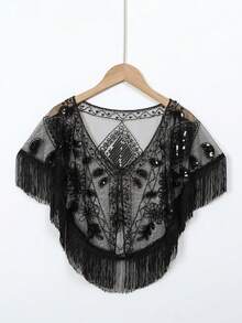 1920s Vintage Sequin Embroidered Tassel Shawl, Elegant Retro Polyester Breathable Mesh Short Cape, Women's Fashion Party Evening Dress Accessory - Multicolor - View 18