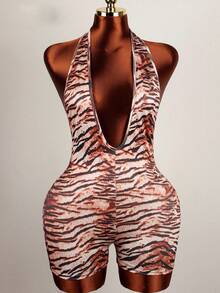 夏季街头豹纹紧身连体裤深 V 领露背连体衣俱乐部女款 - 棕色 - 查看 2