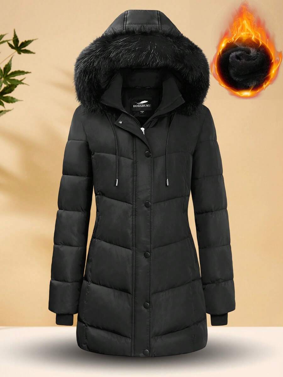 Women's Winter Quilted Jacket Mid-Length Hooded Quilted Jacket With Multiple Pockets And Fleece-Lined Windproof Coat Features Magnetic Snap Pockets, Two-Way Zipper, And Detachable Hood Casual Outdoor Winter Top For Warmth, Suitable For Daily Wear, Outdoor,Travel,Gift - 黑色 - 查看 1