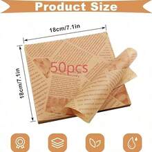 Top One-50pcs Of Cooked Food Wax Paper Suitable For Food Baskets And Plate Liners, 18 *18cm Old Newspaper Style Printing, Oil Resistant Cooked Food Paper Packaging, BreadHamburgers, French Fries, Sandwiches (Brown) - 50個棕色 - 查看 1