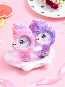Set de 2 relojes de cuarzo analógicos con correa de silicona suave y diseño de unicornio de dibujos animados para niñas, reloj de pulsera con patrón creativo para estudiantes - Multicolor - Ver 5