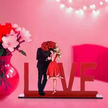 1 buc. Semn clasic din lemn pentru dragoste cu trandafiri, design pentru cupluri - Decor romantic de masă pentru Ziua Îndrăgostiților, decor multifuncțional din lemn pentru casă, cadou ideal pentru cupluri și aniversări - Multicolor - Vizualizare 3