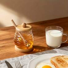 1pc 10/14/17oz Glass Honey Jar With Bee Pattern, Glass Cup With 1 Wooden Stick, 1 Wooden Lid, 1 Wooden Bottom, Transparent Honey Storage Container, Bee Decor, Suitable For Syrup Storage, Home, Wedding, Party, Kitchen - Multicolor - View 10