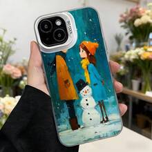 Cubierta de teléfono con diseño artístico azul con pareja y muñeco de nieve invierno para iPhone estética navideña Aplicable a los teléfonos de la serie Apple y Galaxy - Negro - Ver 3