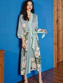 复古宽松新款中国风优雅中长款时尚通勤印花和服罩衫薄外套，休闲家居服睡袍，夏季沙滩泳装罩衫，防晒外套 - 淺藍色 - 查看 2