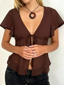 Women's Summer Sheer Tie-Front Short Sleeve Top With Adjustable Front Ties, Ruffle Trim And Lightweight Transparent Fabric, Flowy Silhouette, Breathable Layering Piece For Party, Date Night, Beach-Cover-Up And  European American Streetwear - 棕色 - 查看 6