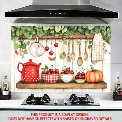 2D Flat, 1pc Farmhouse Kitchen Wall Decal - Watercolor Sakura, Teapot And Wooden Tableware Design, PVC Oil-Proof, Suitable For Kitchen, Dining Room And Home Wall Decor, Kitchen Decoration And Accessories