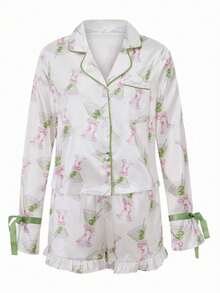 Women 2 Pieces Pajamas Set Y2K Cocktail Cups Print  Bow Tie Long Sleeve Lapel Button Down Shirts Tops And Ruffle Hem Shorts Sets Fall Spring Cute 2 Piece Pjs Sleepwear Loungewear Suits - Hồng - Xem 2