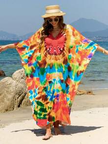Đầm Kaftan dáng rộng, tay cánh dơi, in họa tiết nhuộm màu sắc sặc sỡ, cỡ lớn, thích hợp mặc ngoài trời dự tiệc mùa hè, đi biển hoặc mặc ở nhà. - Nhiều màu - Xem 6