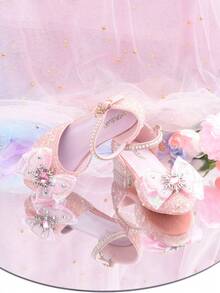 Zapatos de tacón alto con cristales azules para niñas, nuevas sandalias infantiles, zapatos con decoración de lazo de encaje hueco y semi-cerrados, zapatos de fiesta de princesa con brillo - Tacones pequeños cómodos adecuados para niñas, diseño de hebilla con brillo rosa - Rosa - Ver 3