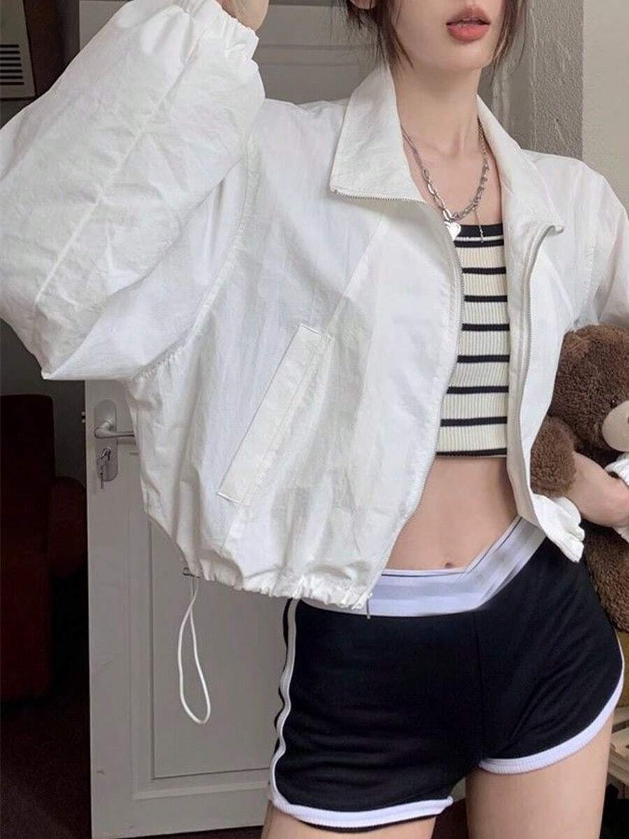 Chaqueta con cuello alto y protección solar para mujer Chaqueta deportiva corta de manga larga con cremallera y cordón ajustable para el verano Chaqueta corta y ligera para mujer Prenda exterior versátil, transpirable y con protección UV para el verano, recién llegada Prenda con cuello alto y protección solar - Blanco - Ver 1