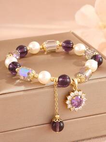 1 件天然淡水珍珠和紫水晶手链女士轻奢微镶嵌向日葵吊坠串珠手链，最佳朋友礼物情人节、妈妈、母亲、母亲节、礼物 - 串珠手鍊 - 查看 2
